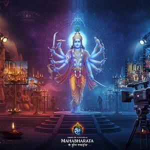 A cinematic panoramic scene showing a grand merging of ancient and modern interpretations of the Mahabharata. In the center, Lord Krishna in his cosmic form, with multiple arms holding traditional weapons, stands majestic with a radiant blue aura. On the left side, traditional Indian temple-style carvings depicting classic Mahabharata scenes transition smoothly into modern digital screens and film reels on the right. The screens show glimpses of various artistic adaptations - from animation to live-action. Floating golden Sanskrit scripts transform into modern digital code. The background features a massive chakra that emits rays of light in deep purples and cosmic blues. Modern spotlights intersect with traditional diya lamps. Multiple versions of Arjuna - from traditional Pattachitra style to modern superhero-inspired designs - appear in translucent overlays. The scene is rendered in a hybrid style combining Madhubani patterns with sleek digital art, using a color palette of deep royal blues, cosmic purples, metallic golds, and ethereal glowing effects. Camera angles and dimension markers subtly blend with traditional mandala patterns in the corners.