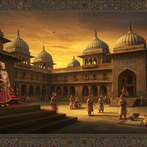 A majestic Indian palace complex in Mandu with intricate Islamic-Hindu fusion architecture, soaring domes, and elaborate jalis, set against a dramatic sunset sky in deep saffron and royal blue. In the foreground, a powerful Malwa Sultan wearing an ornate golden crown, jeweled robes, and holding a gleaming sword, stands on an elevated platform. Behind him, skilled artisans work on detailed manuscripts, while soldiers in traditional armor stand guard. The scene includes elements of both Hindu and Islamic art styles, with geometric patterns intertwining with flowing floral motifs. The lighting creates a golden hour effect, casting long shadows across the palatial courtyard. Intricate Madhubani-style borders frame the scene, featuring medieval warfare motifs, musical instruments, and architectural elements. The color palette emphasizes rich jewel tones - deep emerald, royal blue, burnished gold, and deep crimson. The overall composition suggests power, cultural synthesis, and artistic excellence, with a dreamlike, ethereal quality enhanced by floating lotus petals and subtle light rays.