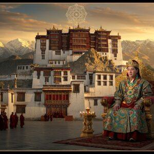 A majestic panoramic view of the historic Leh Palace against the backdrop of snow-capped Himalayan peaks at golden hour, rendered in a fusion of Thangka painting style and modern digital art. The palace architecture features traditional Tibetan-Ladakhi elements with intricate wooden carvings and white-washed walls. In the foreground, a noble Ladakhi royal figure wearing an elaborate ceremonial robe adorned with turquoise and gold ornaments, sitting on an ornately carved throne. Traditional Buddhist prayer flags flutter in the wind, creating colorful streams across the composition. The scene includes detailed cultural elements like butter lamps, ancient Buddhist manuscripts, and ceremonial objects arranged around the royal figure. The lighting creates a dramatic interplay of warm golden light and cool mountain shadows, with mystical clouds swirling around the palace towers. The color palette combines deep maroons, royal blues, burnished golds, and earthy browns typical of Ladakhi architecture and traditional costumes. Small groups of monks in crimson robes and local people in traditional attire are seen in the courtyard, suggesting the living cultural heritage. The artwork should maintain photorealistic details while incorporating surreal, ethereal elements like glowing auras around the palace spires and floating mandala patterns in the sky.
