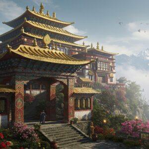 A majestic panoramic view of the Namgyal-era Pemayangtse Monastery perched on a misty Himalayan peak, its traditional Sikkimese architecture featuring intricate golden roofs and vibrant prayer flags flowing in the wind. The monastery's walls showcase detailed thangka paintings in rich jewel tones of maroon, turquoise, and gold. In the foreground, a grand ceremonial gateway adorned with carved Buddhist symbols and dragons leads to stone steps. Ethereal morning light filters through clouds, creating a mystical atmosphere. The scene includes ancient carved wooden panels displaying the Namgyal dynasty's royal emblems, while prayer wheels with intricate Tibetan patterns line the pathway. The surrounding landscape features blooming rhododendrons in deep reds and pinks, with snow-capped mountains in the distance. The art style combines hyperrealistic architectural details with dreamy, ethereal lighting and traditional Sikkimese artistic elements, rendered in a modern digital aesthetic. The composition emphasizes both the grandeur of the architecture and its spiritual significance, with floating butter lamps creating points of warm golden light throughout the scene.