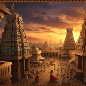 A majestic panoramic view of the Meenakshi Amman Temple's gopurams at sunset, with intricate Dravidian architecture detailed in gold and vibrant colors. In the foreground, a regal Nayak ruler (dressed in traditional Tamil royal attire with gold embellishments, pearl necklaces, and a distinctive turban) stands on an ornate balcony overlooking a sprawling 16th-century Madurai cityscape. The scene includes classical dancers performing in the temple courtyard, soldiers with traditional weapons guarding the premises, and merchants trading textiles and spices in the bustling marketplace. The sky features a dramatic combination of deep orange and purple hues with subtle mandala patterns. The architectural details showcase the signature Nayak-era sculptural work with mythological figures and decorative elements. The lighting emphasizes the golden hour glow on the temple towers while creating dramatic shadows on the intricate stone carvings. The style merges hyperrealistic architectural details with Madhubani-inspired patterns in the sky and borders, rendered in a modern digital art aesthetic with rich, deep colors of maroon, gold, and peacock blue.