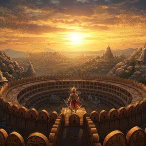 A majestic aerial view of Chitradurga Fort at sunset, with its seven circular walls illuminated by golden light, merging traditional Madhubani art style with modern digital aesthetics. In the foreground, a noble Nayaka warrior-king stands atop the highest rampart, wearing a richly detailed gold-threaded angavastra, traditional turban with peacock feather, and holding a gleaming sword. Behind him, intricate mandala patterns in deep saffron and peacock blue float in the air, incorporating motifs of the fort's architecture. The background showcases the dramatic rocky landscape of Chitradurga, with ancient temples emerging from boulder-strewn hills, their spires catching the last rays of sun. Mystical light streams through clouds, highlighting traditional Kannada architectural elements. The scene includes subtle references to Onake Obavva's bravery with a mortar and pestle motif integrated into the mandala patterns. The entire composition is framed by stylized boulders decorated with traditional Pattachitra-style patterns in maroon and gold, featuring miniature scenes of battle and court life. The atmosphere is ethereal yet powerful, with swirling energy patterns connecting the various elements, suggesting the synthesis of martial prowess, cultural richness, and spiritual depth.