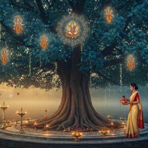 A majestic ancient Peepal tree with a massive twisted trunk at golden hour, its heart-shaped leaves shimmering with an ethereal blue-gold glow. The tree stands on a raised ornate marble platform decorated with traditional Madhubani patterns. Around its base, small brass oil lamps are lit, their flames creating dancing shadows. A young Indian woman in a cream silk saree with red border performs parikrama (circumambulation), holding a copper water pot and sacred thread. The background features a large intricate mandala in rich peacock blue and gold. Small floating deities including Brahma, Vishnu, and Shiva are subtly visible among the branches. Delicate threads of morning light filter through the leaves, creating patterns on the ground. Several butterflies in metallic colors flutter around. The scene combines photorealistic details with mystical elements, rendered in a style blending traditional Pattachitra art with modern digital techniques. The atmosphere is serene and spiritual, with soft mist curling around the lower branches.