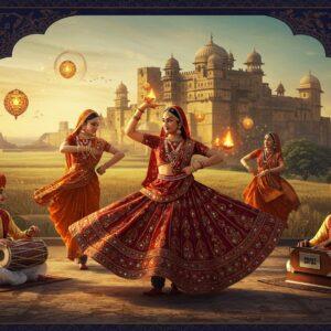 A mesmerizing scene of Indian classical dancers in traditional Malwa attire performing against a sun-drenched backdrop of Madhya Pradesh's iconic Mandu Palace architecture. The dancers wear vibrant ghagras in deep maroon and saffron, adorned with intricate mirror work and gold embroidery, their flowing movements captured mid-spin. Traditional musicians sit to the side, playing the distinctive Malwi instruments - a tambura, dholak, and harmonium, their fingers expertly positioned on the instruments. The scene incorporates Malwa's characteristic geometric patterns and motifs in gold filigree floating ethereally in the air. Soft, glowing orbs of light in peacock blue and warm amber illuminate the scene, creating a mystical atmosphere. The background features stylized paintings of pastoral Malwa landscapes with wheat fields and ancient temples rendered in Pattachitra style. The entire composition is framed by an ornate mandala border featuring traditional Malwa folk art motifs in deep indigo and burnished gold. Rendered in a seamless blend of hyperrealistic digital art and traditional Indian miniature painting style, with atmospheric lighting that creates a dreamy, timeless quality.