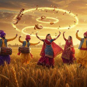 A dynamic scene of Punjabi folk dancers performing Bhangra in a mystical wheat field at golden hour, wearing richly detailed traditional attire - men in vibrant kurtas with elaborate phulkari waistcoats and colorful turbans, women in dazzling salwar kameez with heavy phulkari dupattas. Their movements capture mid-dance poses with flowing fabric creating elegant motion trails. Traditional instruments like dhol, tumbi, and algoza float ethereally in a spiral around them, emanating golden musical notes and energy waves. The background features a stylized Punjab landscape with intricate Madhubani-style patterns in the sky, merging into modern geometric designs. Warm lighting bathes the scene in rich amber and saffron hues, with magical particles and light streaks adding a supernatural element. The wheat stalks dance in rhythm, creating patterns that mirror the dance movements. The color palette focuses on deep mustard yellow, royal blue, emerald green, and burgundy with metallic gold accents. Rendered in a style blending traditional Indian art with modern digital fantasy art, emphasizing movement, joy, and cultural pride. Highly detailed, cinematic lighting, ethereal atmosphere.