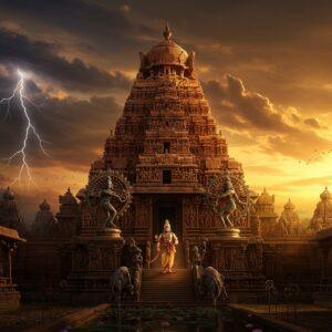 A majestic scene depicting a grand Later Chola temple complex at sunset, with the iconic Gangaikonda Cholapuram temple's pyramidal vimana towering in the center, its golden kalasha gleaming. In the foreground, a powerful Chola emperor (wearing distinctive royal regalia, crown, and jewelry) stands atop ornate temple steps, flanked by two bronze Nataraja statues in perfect dancing pose. The scene is rich with intricate details - carved granite pillars with mythological scenes, dancing apsaras, and traditional Tamil architectural motifs. The sky features a dramatic composition with storm clouds representing decline on one side and brilliant golden rays symbolizing glory on the other. Multiple layers of temple tanks with lotus flowers reflect the architectural grandeur. The color palette combines deep maroons, burnt orange, gold, and royal blue. The scene includes period-accurate details like war elephants with armor, soldiers with Chola-era weapons, and Tamil Brahmi inscriptions on temple walls. The art style merges photorealistic architecture with stylized Tanjore painting elements, creating a surreal yet historically authentic atmosphere. Dynamic lighting emphasizes the temple's grandeur while creating mysterious shadows in the periphery.