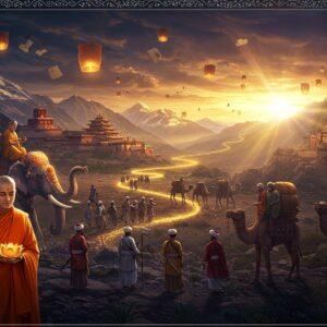 A majestic panoramic scene showing an ancient Silk Road caravan at sunset, with Indian and Central Asian merchants in period-accurate clothing leading decorated elephants and camels laden with silk and precious goods. In the foreground, a serene Buddhist monk in saffron robes holds a golden lotus, while behind him stretches a winding path through snow-capped Himalayas. The path transforms into a glowing golden thread, symbolically connecting ancient Gandhara to India. Intricate Madhubani-style patterns frame the scene, featuring traditional Buddhist symbols like the Dharma wheel and the Bodhi tree. The sky shows a ethereal blend of deep indigo and gold, with floating paper lanterns and prayer flags. In the distance, magnificent monasteries carved into mountainsides glow with warm light. The lighting is dramatic and mystical, with rays of sunlight breaking through clouds, creating a divine atmosphere. The art style combines hyperrealistic digital painting with traditional Indian art elements, featuring rich jewel tones of deep maroon, royal blue, and burnished gold. The scene should have a cinematic quality with depth and atmospheric perspective.
