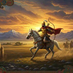 A dynamic scene depicting an ancient Saka warrior king in ornate golden armor with distinct Central Asian features, mounted on a majestic white horse in mid-gallop across the Indian plains. The warrior wears a distinctive pointed cap adorned with gold ornaments, flowing scarlet cloak, and carries a curved bow. Behind him, a sweeping landscape transitions from snowy Himalayan peaks to the fertile Indo-Gangetic plains, rendered in rich jewel tones of sapphire, emerald, and gold. The foreground shows intricate Greco-Indian architectural elements merging with traditional Indian motifs, symbolizing cultural fusion. Swirling patterns inspired by Madhubani art frame the scene, incorporating ancient Saka symbols and Indian medallions. The lighting creates a dramatic golden hour effect, with rays filtering through dust particles, giving an ethereal quality. The art style combines hyperrealistic details with stylized Indian miniature painting techniques, featuring metallic accents and rich textures. Multiple Saka warriors are visible in the background, their silhouettes dramatic against a sunset sky filled with swirling clouds in shades of saffron and deep purple.
