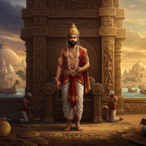 A majestic scene depicting a Satavahana king in ornate royal attire with gold-threaded dhoti, pearl necklaces, and a distinctive tall crown adorned with precious gems, standing on an intricately carved limestone throne. Behind him, a massive stone gateway inspired by Sanchi Stupa architecture with detailed relief sculptures. The scene includes maritime trading vessels in the background symbolizing their trade relations, while Buddhist stupas and Hindu temples coexist in the landscape. The foreground features craftsmen working on detailed coins showing ship motifs and Brahmi inscriptions. The color palette combines rich royal purples, deep maroons, and burnished golds. The lighting creates a dramatic atmosphere with warm golden rays filtering through ornate pillars. The art style merges traditional Amaravati school of art patterns with modern digital techniques, featuring intricate details in jewelry and architecture. Multiple levels of carved reliefs show scenes of daily life, trade, and warfare in the Satavahana period. The composition includes symbolic elements like the Ujjain symbol and the royal insignia of the dynasty, all rendered in a harmonious blend of historical accuracy and artistic innovation.