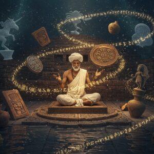 A mystical scene depicting an ancient Harappan scribe in traditional attire seated cross-legged on an ornate stone platform, illuminated by ethereal golden light. The scribe's hands hover over a floating copper plate engraved with intricate Harappan seals and symbols. Around him, translucent, ghostly 3D projections of Harappan symbols and seals float in spiral patterns, some transforming into miniature scenes of daily Harappan life. The background features a detailed architectural facade of the Great Bath of Mohenjo-daro with its precise brick patterns. Scattered throughout are authentic Harappan artifacts - unicorn seals, dancing girl bronze statue, and pottery with trade markings. The color palette combines deep indigos and terracottas with luminescent gold accents. Swirling patterns of water and light interweave with the symbols, creating a dreamlike atmosphere. The scene is rendered in a fusion of traditional Madhubani patterns and modern digital art style, with highly detailed texturing on the brick walls and metallic surfaces. Sacred geometric patterns frame the composition, while soft particle effects suggest the mystery and timelessness of the undeciphered script.