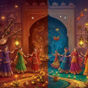 A dynamic, panoramic scene split between two traditional Indian courtyards, seamlessly merging Sindhi and Punjabi architecture. On the left, ornate Sindhi ajrak patterns in deep indigo and maroon flow into vibrant Punjabi phulkari designs on the right in gold and crimson. In the center, a grand archway adorned with intricate mirror work bridges both cultures. Two groups of people - Sindhi women in traditional Panetar and Punjabi women in colorful salwar kameez - dance together, their movements creating flowing patterns in the air. Ancient musical instruments like the alghoza and dhol float in the background, emitting visible golden sound waves. The scene is illuminated by traditional brass diyas and modern lanterns, casting a warm ethereal glow. Floating mandalas and peacock motifs hover in the air, while a river of gold threads weaves through the scene, symbolizing the silk route. The art style combines traditional Madhubani line work with modern digital gradients, rendered in rich jewel tones of royal blue, deep maroon, saffron, and emerald green. Intricate henna patterns flow across the entire composition, unifying the elements.