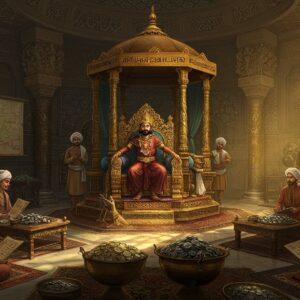 A majestic panoramic view of a grand Hindu Shahi durbar hall, rendered in rich Madhubani-inspired digital art style. In the center, a powerful Hindu Shahi king sits on an ornate golden throne decorated with intricate Sanskrit patterns and precious gems. He wears a distinctive pointed crown with rubies, multiple layers of gold necklaces, and royal attire in deep maroon and saffron. Around him, ministers in noble clothing and turbans engage in court proceedings. The hall features massive carved pillars with peacock motifs, while the background shows detailed maps and battle plans of Kabul and Gandhara regions. Bronze bowls filled with Afghan silver coins scattered across marble tables. Warriors in characteristic Shahi armor (scale mail and peaked helmets) stand guard. The scene is illuminated by golden light streaming through ornate jharokhas, creating dramatic shadows. The color palette focuses on royal blues, deep maroons, burnished gold, and ivory. Intricate geometric patterns and mandalas adorn the walls, blending Hindu and Central Asian artistic elements. In the foreground, Sanskrit scholars with scrolls sit cross-legged on decorated carpets, symbolizing the kingdom's intellectual heritage.