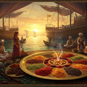 A richly detailed scene depicting an ancient Indian port at sunset, with traditional wooden trading ships adorned with intricate Madhubani-style patterns in gold and maroon. In the foreground, an ornate golden tray showcasing a mesmerizing mandala pattern made entirely of vibrant spices - saffron strands, crimson red chili, turmeric yellow, cardamom green, and black peppercorns. Indian merchants in detailed period-accurate clothing (silk dhotis, turbans with precious gems) engage in trading with foreign merchants. The background features crystalline blue waters merging with a warm golden sky. Ethereal light streams through billowing silk sails, creating a mystical atmosphere. Intricate Pattachitra-style border details frame the scene with traditional motifs of peacocks and lotus flowers. The spices emit a visible, magical glow, with delicate tendrils of aromatic smoke forming spiritual symbols in the air. The color palette focuses on deep Persian blues, royal purples, rich golds, and warm spice tones. Photorealistic rendering with subtle fantasy elements, cinematic lighting, and high attention to historical accuracy in architecture and clothing details.