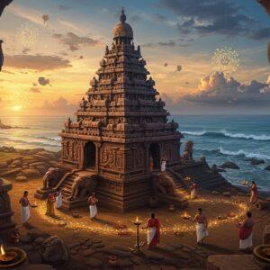 A majestic aerial view of Mahabalipuram Shore Temple illuminated by golden sunset light, seamlessly blending Dravidian architecture with ethereal elements. The temple's vimana rises dramatically with intricate stone carvings of deities and mythological scenes, surrounded by mystical blue mist. In the foreground, traditionally dressed devotees perform ritual offerings with brass lamps, creating a trail of warm golden light. The scene features detailed stone elephants and lions characteristic of Pallava architecture, with waves from the Bay of Bengal gently lapping at the temple base. Floating lotus flowers and glowing mandalas hover in the air, creating a magical atmosphere. The color palette combines deep indigos, burnt oranges, and warm golds, with soft light rays filtering through ancient stone pillars. The scene incorporates traditional Pattachitra art style elements in the sky, showing celestial dancers and divine beings among stylized clouds. The entire composition is framed by ornate Pallava-era stone archways with precise geometric patterns and flowing vines, enhanced by a subtle spiritual glow.