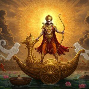 A regal warrior Karna standing atop his golden chariot, wearing ornate golden armor and crown of Anga kingdom, his divine Kavach-Kundal gleaming. He holds the celestial Vijaya bow in a battle stance, with the sun god Surya radiating behind him in a massive mandala pattern. The scene shows him in a moment of internal conflict, his face expressing both strength and melancholy. The chariot is adorned with intricate Madhubani-style patterns in deep maroon and saffron. Around him, ethereal lotus flowers float, while his abandoned basket boat drifts in a serene river below, symbolizing his origin story. The lighting is dramatic with sun rays creating a divine aura, highlighted in warm golds and deep blues. The art style merges hyperrealistic digital rendering with traditional Indian art motifs. Swirling peacock feathers and celestial weapons frame the composition. In the background, subtle silhouettes of the Hastinapur palace and battlefield create depth. The overall tone is majestic yet poignant, capturing Karna's tragic heroism.