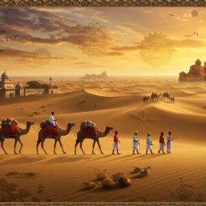 A sweeping panoramic view of the Thar Desert at golden hour, featuring ancient trade route caravans transitioning into modern times through a dreamlike spiral timeline effect. In the foreground, intricate Rajasthani folk art patterns in gold and deep orange merge with sand dunes. Traditional merchants in vibrant turbans and ethnic wear lead camels laden with textiles, while their silhouettes gradually transform into modern Rajasthani people in the background. The sky features a mesmerizing blend of warm sunset colors with floating mandalas. Ancient mud fortresses and traditional havelis dot the horizon, their architecture reflecting in shimmering heat mirages. Delicate Madhubani-style border patterns frame the scene, incorporating motifs of desert wildlife - graceful gazelles, desert foxes, and indigenous birds. The lighting is magical with sun rays filtering through dust particles, creating an ethereal atmosphere. The art style combines photorealistic desert landscapes with stylized Indian folk art elements, rendered in rich golds, deep oranges, royal blues, and earthy browns. Ancient pottery shards and artifacts partially buried in the sand subtly hint at the desert's archaeological significance.