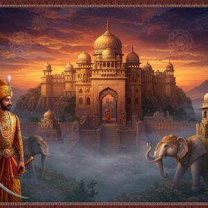 A majestic ancient Indian fortress-palace complex in Madhubani art style, rising from misty hills, featuring intricate geometric patterns and traditional Hindu architecture. The central structure displays the distinctive Tomara dynasty architectural elements with ornate spires and domes in deep gold and saffron. In the foreground, a noble Tomara warrior-king stands proudly, wearing period-accurate armor adorned with precious gems, holding a gleaming sword, and wearing the royal turban. Behind him, carved stone elephants with decorative howdahs guard the palace gates. The scene is illuminated by a dramatic sunset casting rich maroon and peacock blue hues across the sky. Delicate mandala patterns float in the air like spiritual energy, while lotus motifs are carved into the fortress walls. The landscape includes period-accurate details like step wells, temples, and ancient Indian mathematical instruments. The art style combines hyperrealistic architectural details with ethereal, dreamy elements, creating a sense of timeless grandeur. Intricate Pattachitra-style border patterns frame the scene.