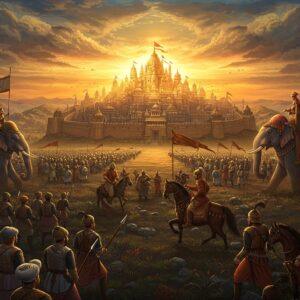 A dramatic battlefield scene depicting three mighty Indian armies converging at the golden city of Kannauj, rendered in rich Pattachitra-inspired style. In the center, a majestic fortified city with ornate Hindu architecture glows in warm sunset colors, its spires reaching skyward. Three distinct armies approach from different directions: The Pala warriors in deep blue and silver with elephant cavalry, the Pratihara forces in saffron and gold with mounted horsemen, and the Rashtrakuta army in deep maroon and bronze with their signature war elephants. Each army carries intricate period-accurate banners and weapons. The sky features stylized swirling clouds in peacock blue and gold, with rays of light breaking through. The landscape includes detailed medieval Indian military formations, with soldiers wearing historically accurate armor and wielding traditional weapons. The scene combines elements of both warfare and grandeur, with metallic accents highlighting the weapons and armor. The perspective should be slightly elevated to showcase the scale of the armies and the magnificence of Kannauj. The art style should merge traditional Indian miniature painting techniques with modern digital fantasy art aesthetics, maintaining historical accuracy while creating visual drama.