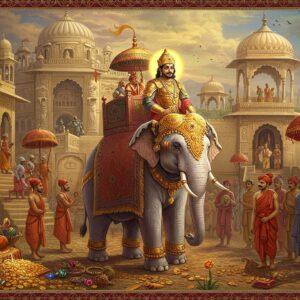 A majestic scene depicting Emperor Harsha Vardhana in ornate golden armor and royal regalia, mounted on a decorated white elephant, leading a grand procession through ancient Kannauj. The emperor wears a distinctive crown with precious gems and holds a golden sword. The backdrop features an intricately detailed palace with Gupta-style architecture, adorned with carved pillars and domed structures. Multiple levels of the scene show Buddhist monks, Sanskrit scholars, and courtiers in period-accurate clothing. The foreground displays wealth through scattered gold coins, precious gems, and diplomatic gifts from Chinese envoys. The scene incorporates Madhubani-style decorative patterns in deep maroon and peacock blue, particularly in the borders and architectural details. Ethereal golden light bathes the scene, while stylized clouds in traditional Indian art patterns float above. The elephant has traditional decorative patterns painted in henna-style designs. The overall composition blends historical accuracy with a dreamy, surreal quality, enhanced by soft glowing elements and a rich color palette of royal blues, deep reds, and burnished golds.