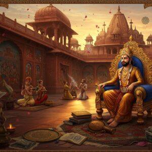 A majestic Indian palace courtyard at sunset with intricate Madhubani-style patterns carved into red sandstone walls, featuring a crowned Varman king seated on an ornate golden throne. He wears rich silk robes with detailed embroidery in peacock blue and saffron, adorned with precious gems. Ancient Sanskrit manuscripts and copper plate inscriptions scatter around his feet. Behind him, a massive temple spire rises, decorated with traditional Nagara architecture style. The scene is illuminated by warm golden light, with floating lotus petals and incense smoke creating an ethereal atmosphere. In the background, artists paint murals, scholars study texts, and dancers perform in traditional attire. The art style combines hyperrealistic details with traditional Indian artistic elements, featuring rich jewel tones of ruby red, royal blue, and burnished gold. Intricate mandalas float in the air like spiritual halos, casting a divine glow. The entire scene is framed by ornamental borders inspired by ancient Indian manuscripts, with peacocks and flowering vines.