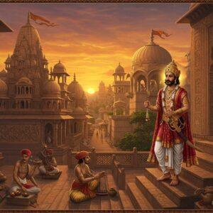 A majestic Indian palace complex in traditional Nagara architecture style, with soaring spires and intricate carvings, set against a dramatic sunset sky in deep oranges and purples. In the foreground, a noble Varman king stands regally on ornate palace steps, wearing elaborate royal attire with gold embellishments, precious gems, and a distinctive crown featuring the dynasty's tiger emblem. He holds a golden sword and ancient Sanskrit scrolls. The scene includes detailed elements of the dynasty's achievements: sculptors crafting spectacular temple reliefs, scholars in traditional dress studying astronomical instruments, and dancers performing classical Indian dance forms. The background shows massive stone temples with detailed sculptures, holy men performing rituals, and traders with exotic goods, representing the dynasty's cultural and economic prosperity. The artwork combines Madhubani-style decorative patterns in the borders with hyperrealistic architectural details. Soft, golden light illuminates the scene, creating an ethereal atmosphere with subtle lotus motifs and mandalas integrated into the architecture. The color palette features rich royal blues, deep maroons, burnished golds, and subtle earth tones, maintaining historical accuracy while appearing visually stunning.