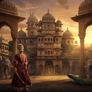 A majestic Indian palace complex in traditional Varman architectural style, with towering spires and intricate stone carvings, set against a dramatic sunset sky in deep oranges and purples. In the foreground, a powerful Varman king stands regally adorned in period-accurate royal attire with elaborate gold jewelry, crown, and silk robes in deep maroon and gold. He holds a gleaming sword in one hand and a royal seal in another. Behind him, detailed marble columns feature intricate Madhubani-style carvings depicting battle scenes and court life. The scene is flanked by two massive stone elephants with decorative howdahs. Multiple layers of the palace show both grandeur (top half illuminated by warm golden light) and decay (bottom half partially ruined with vegetation), symbolizing rise and fall. Artistic style combines hyperrealistic architectural details with stylized Pattachitra-inspired decorative elements. Ethereal golden light streams through the archways, while peacocks roam the courtyard. The atmosphere is mystical yet historically accurate, with floating lotus motifs and subtle mandala patterns in the sky adding a spiritual dimension.