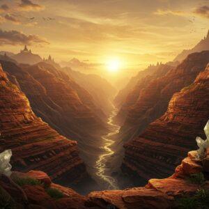 A majestic panoramic view of the ancient Vindhya mountain range at sunset, with dramatic layered rock formations in rich earthy tones of rust-red, amber, and deep brown. The mountains appear as if painted in traditional Madhubani style but with modern digital rendering, showing distinct geological strata patterns. Sacred rivers flow through deep valleys, their waters shimmering with golden light. In the foreground, intricately detailed rock crystals and fossils emerge from the earth in mandala-like patterns. The sky features a gradient of saffron to deep peacock blue, with wispy clouds forming subtle sacred geometric patterns. Ancient temple silhouettes dot the mountaintops, while native flora like sal trees and medicinal herbs grow from the rocky crevices. The scene is illuminated by a ethereal glow, with soft light filtering through the clouds, creating a mystical atmosphere. The overall composition seamlessly blends scientific accuracy with spiritual symbolism, featuring subtle Hindu motifs in the rock patterns and crystal formations. Hyperrealistic digital art style with fantasy elements.