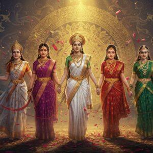 A majestic composition featuring five prominent women of the Mahabharata in a celestial setting - Draupadi in royal purple and gold saree standing centrally with a crown of fire, Kunti in deep red saree on her right emanating maternal strength, Gandhari in pure white with her iconic blindfold adorned with gold embellishments, Amba transformed into Shikhandi in warrior attire with a bow, and Satyavati in emerald green royal garments holding her signature lotus. Behind them, a massive intricate mandala in gold and deep blue cosmic patterns. The scene is illuminated by ethereal light, with floating lotus petals and sacred threads weaving through the composition. Each woman radiates distinct energy through their poses and expressions - Draupadi's fierce determination, Kunti's wisdom, Gandhari's sacrifice, Amba's vengeance, and Satyavati's authority. Traditional Madhubani patterns merge with modern digital art style, incorporating peacock feathers, chakras, and swirling cosmic energies. The background features subtle silhouettes of pivotal Mahabharata scenes in gold. The lighting is dramatic with warm golden glow from above, creating an otherworldly atmosphere. Hyperrealistic digital art style, 8k resolution, photo-realistic texturing, volumetric lighting
