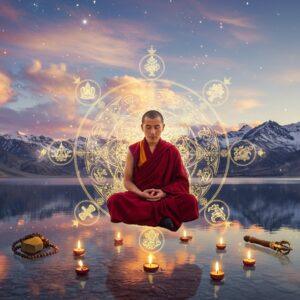 A serene Tibetan Buddhist monk in traditional maroon and saffron robes meditating in lotus position, floating slightly above a crystal-clear mountain lake reflecting the Himalayas. The monk is surrounded by an intricate mandala pattern made of shimmering golden light, with Tibetan prayer flags fluttering in the background. Multiple butter lamps with soft, ethereal flames illuminate the scene, creating a mystical atmosphere. The Eight Auspicious Symbols of Buddhism (endless knot, lotus, parasol, conch shell, treasure vase, victory banner, golden fish, and dharma wheel) appear as translucent, glowing forms spiraling around the monk. Tibetan prayer beads and a ceremonial vajra float nearby. The sky features swirling clouds in pastel purples and blues, with rays of golden sunlight breaking through. Snow-capped peaks of the Potala Palace can be seen in the distant background. The art style combines photorealistic elements with magical surrealism, featuring a color palette of deep maroons, rich golds, ethereal blues, and soft purples. The scene is enhanced with particle effects resembling floating prayer mantras and incense smoke.