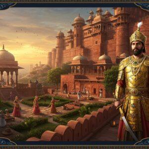 A majestic Tomara fortress perched atop a hill in medieval Delhi, with intricate red sandstone architecture featuring ornate jharokhas and domed pavilions. In the foreground, a noble Tomara warrior king stands proudly, wearing elaborate golden armor adorned with precious gems, holding a gleaming sword, and wearing the distinctive Tomara crown. Behind him, artisans craft detailed sculptures and architectural elements in traditional workshops. The scene includes elements of both Hindu and Islamic architectural influences, reflecting the dynasty's cultural synthesis. The lighting is dramatic with golden sunset hues illuminating the fortress walls. In the middle ground, dancers perform traditional ceremonies in colorful period-accurate costumes. The landscape features lush gardens with fountains and geometric patterns typical of the era. The art style combines hyperrealistic architectural details with ethereal lighting and Rajasthani miniature painting influences. The scene is framed by decorative borders inspired by traditional Indian manuscript illustrations, featuring peacocks and lotus motifs in deep blues and golds.
