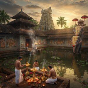 A majestic aerial view of an ancient Kerala temple complex with traditional Kerala architecture, featuring golden-topped gopurams and intricate wooden carvings, surrounded by coconut palms. In the foreground, three temple priests in traditional white mundu and bare-chested attire perform an elaborate puja ceremony with gleaming brass lamps and smoke from fragrant incense. The temple pond reflects the warm golden light of sunset, with lotus flowers floating on its surface. Detailed Madhubani-style border patterns featuring elephants, peacocks, and temple motifs frame the scene. The lighting is mystical with divine rays breaking through clouds, illuminating the temple structure. Sacred oil lamps create a warm glow against the weathered temple walls adorned with intricate murals in traditional Kerala style depicting scenes from puranas. A procession of ceremonial elephants decorated with traditional nettipattam (golden headdress) and colorful umbrellas stands majestically in the background. The overall composition blends photorealistic architecture with ethereal lighting and traditional Indian art elements, creating a sense of timeless spirituality and cultural preservation.