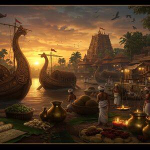 A panoramic scene of ancient Travancore port city at sunset, featuring traditional wooden trade ships with curved prows adorned with intricate Malayalam-style carvings, laden with spices and ivory. In the foreground, detailed marketplace bustling with merchants in traditional mundus and turbans trading pepper, cardamom, and coconut products. Golden light illuminates ornate bronze oil lamps and weighing scales. Background shows grand Padmanabhaswamy temple architecture with golden spires. Scene includes modern elements like sleek glass buildings seamlessly blending with traditional architecture. Rich colors of deep maroon, royal blue, and gold dominate. Ethereal mist adds mystical quality. Composition includes detailed Malayali architectural elements, banana leaf manuscripts showing trade records, and vintage brass containers. Art style combines traditional Keralan mural art techniques with modern digital aesthetics, featuring intricate patterns and cultural motifs. Lighting is warm and dramatic, creating a sense of timeless prosperity. Photorealistic quality with magical realism touches.