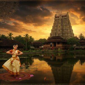 A majestic aerial view of the Padmanabhaswamy Temple during golden hour, with its traditional Kerala architecture and gopuram reflecting in a serene lotus pond. In the foreground, an elegantly dressed Malayali woman in cream and gold kasavu saree performs Mohiniyattam, her graceful movements captured mid-dance with flowing fabric. The scene is adorned with traditional Kerala elements - brass nilavilakku lamps, intricate wooden carvings, and kathakali masks artistically arranged. Surrounding the temple are lush coconut palms and traditional nalukettu houses with sloped terracotta roofs. The sky features ethereal clouds in deep oranges and purples, with subtle mandala patterns. The lighting is dramatic with golden rays filtering through clouds, creating a mystical atmosphere. The entire scene is rendered in a fusion of hyperrealistic digital art with traditional Malayali mural painting style, featuring rich colors of deep maroon, forest green, and burnished gold. Ornate paisley patterns and traditional Kerala motifs float ethereally in the background, giving depth and cultural context.