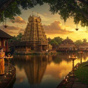 A majestic panoramic view of Padmanabhaswamy Temple in golden hour light, with its intricate Dravidian architecture detailed in gold and deep maroon. The temple's seven-tier gopuram reflects in serene backwaters dotted with traditional Kerala houseboats adorned with oil lamps. In the foreground, a graceful Indian woman in traditional Kerala kasavu saree with gold border walks along a stone pathway lined with brass oil lamps. Ancient banyan trees frame the scene, their roots creating natural archways decorated with jasmine garlands. The sky features a dreamy blend of sunset colors - saffron, deep blue, and gold - with stylized Madhubani-style clouds. Traditional Aranmula kannadi (metal mirrors) and antique wooden carvings appear as decorative elements along the temple walls. The scene is illuminated by a warm, ethereal glow, combining photorealistic architectural details with mystical artistic elements. The water reflects the entire scene like a mirror, creating a symmetrical composition. Ornate Kerala-style wooden architecture appears in the background, featuring detailed carvings and sloped tile roofs. The overall composition balances historical accuracy with magical realism, rendered in a style merging traditional Pattachitra techniques with modern digital art aesthetics.