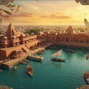 A stunning aerial view of ancient Lothal recreated in a dreamlike composition, showing the iconic dockyard with shimmering turquoise waters, surrounded by intricately detailed terracotta-colored buildings and structures. The scene merges into a modern timeline through a spiral of golden light, featuring archaeological artifacts like the famous measuring scale, beads, and seals floating in the foreground. The sky features a warm sunset gradient of deep saffron and peacock blue, with delicate Madhubani-style patterns in gold. Ancient trade ships with billowing sails rest in the dock, while ethereal, translucent figures in Indus Valley period clothing engage in trading activities. Lotus flowers and traditional geometric patterns frame the corners, rendered in a combination of traditional Pattachitra art style and modern digital techniques. The lighting creates a mystical atmosphere with soft golden rays highlighting the architectural details, while subtle glowing mandalas float in the background. The color palette focuses on rich earthy reds, deep blues, burnished gold, and weathered stone textures, creating a harmonious blend of historical accuracy and artistic interpretation. Hyperrealistic 8k quality, cinematic composition, atmospheric lighting, detailed texturing.