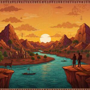 A panoramic view of the majestic Vindhya Range at sunset, with towering peaks rendered in deep earthy browns and rustic reds, stretching across the horizon in traditional Madhubani art style. The sacred Narmada River flows gracefully in the foreground, its waters depicted in swirling patterns of deep indigo and turquoise, adorned with intricate mandala-like ripples in gold. Two Indian travelers, a man and woman in modern hiking gear with traditional Indian elements, stand on a cliff edge, their silhouettes backlit by a large, glowing sun designed as an ornate mandala. The landscape features stylized sacred groves, ancient temples peeking through misty valleys, and wildlife like peacocks and deer integrated using Pattachitra art patterns. The sky transitions from warm saffron to deep purple, with clouds formed from traditional paisley motifs. Digital art elements add depth and dimension, while floating lotus flowers and subtle spiritual symbols create an ethereal atmosphere. The scene is framed by intricate border designs featuring regional tribal art patterns from Madhya Pradesh and surrounding states, rendered in metallic gold and deep maroon.