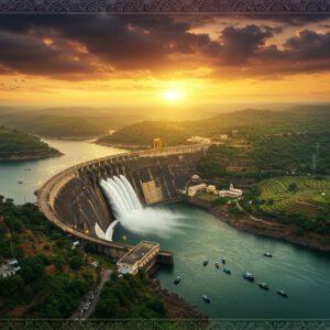 A majestic aerial view of the curved Tungabhadra Dam at sunset, with golden sunlight reflecting off its massive concrete structure and cascading waters. The dam is surrounded by lush green hills of the Deccan plateau with intricate Vijayanagara-style architectural patterns subtly embedded in the landscape. In the foreground, traditional fishing boats with Indian fishermen dot the reservoir's crystal-clear waters. The sky features dramatic clouds in deep oranges and purples, with peacock-blue undertones. Digital art elements blend with Madhubani-style borders showing flowing water patterns and geometric designs. The scene includes small farming communities along the shoreline with terraced agricultural fields in rich earth tones. Glowing lights from the hydroelectric plant create a modern contrast against the traditional elements. The composition maintains a perfect balance between engineering magnificence and natural beauty, with soft ethereal lighting highlighting the water spray from the dam's spillways. Hyper-realistic 3D rendering with cinematic lighting, architectural precision, and surreal artistic elements.