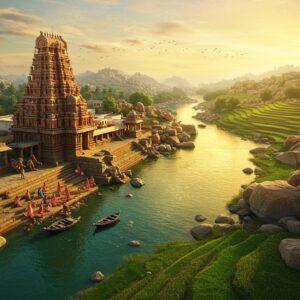 A majestic aerial view of the serpentine Tungabhadra River flowing through ancient granite boulders, its waters shimmering in deep turquoise and gold. The iconic Virupaksha temple of Hampi stands prominently on one bank, with intricate Dravidian architecture detailed in warm sandstone colors. Ancient stone-carved chariots and mandapas dot the landscape. The composition shows a seamless blend of history and nature, with stepped ghats leading to the river where women in traditional Karnataka sarees perform evening rituals with brass lamps. Massive boulder formations frame the scene, their surfaces catching the warm sunset light. The sky features ethereal patterns inspired by Vijayanagara empire's textile motifs in soft pastels. Traditional coracles float on the river, while rice paddies in emerald green terraces cascade down the riverbanks. The scene is rendered in a fusion of hyperrealistic digital art with traditional Indian Miniature painting style, emphasizing both detail and mystical atmosphere. Golden light bathes the entire landscape, creating a dreamlike quality while maintaining geographical accuracy.