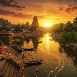 A majestic aerial view of the Tungabhadra River during golden sunset, winding through ancient Hampi's boulder-strewn landscape, with the iconic Virupaksha Temple silhouetted against the crimson sky. The river's sacred waters shimmer with golden reflections, dotted with traditional wooden coracles. In the foreground, detailed Vijayanagara-style stone carvings merge seamlessly into the riverbank. The scene features intricate Madhubani-style patterns in the water ripples, while floating lotus flowers and diyas create glowing trails across the river. Ancient stone steps (ghats) descend into the water, adorned with traditional rangoli patterns. Swaying palm trees and banana plantations line the banks, their leaves rendered in Pattachitra style. The sky showcases a gradient of deep saffron to peacock blue, with stylized clouds resembling traditional Indian motifs. Two women in traditional Karnataka sarees are performing evening aarti at the riverside, their brass lamps creating ethereal reflections in the water. Digital art style with rich, deep colors and photorealistic details, enhanced with subtle golden accents and atmospheric lighting.