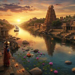 A majestic aerial view of the Tungabhadra River during golden sunset, winding through ancient Vijayanagara ruins, with detailed Hampi temple structures reflecting in its crystal-clear waters. The riverside features intricate stone-carved elephants and ornate mandapas in traditional Dravidian architecture. Towering granite boulders dot the landscape, creating dramatic shadows. In the foreground, two traditionally dressed Indian women in rich silk sarees (maroon and peacock blue) carry brass water vessels on their heads. The scene includes ancient water channels and aqueducts showcasing advanced irrigation systems. Floating lotus flowers and diyas illuminate the water's surface. The sky features warm oranges and deep purples, with hints of gold leaf detailing in Madhubani style. Medieval trading boats with colorful sails are visible in the distance. The entire scene is rendered in a fusion of hyperrealistic digital art with traditional Pattachitra patterns in the water ripples and cloud formations. Soft glowing orbs of light hover above the water, creating a mystical atmosphere. The perspective captures both the historical grandeur and the spiritual significance of the river.