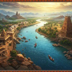 A majestic aerial view of the winding Tungabhadra River with crystal-clear waters flowing through dramatic landscapes, rendered in rich traditional Indian art style with modern digital aesthetics. The river, painted in deep sapphire blue with golden ripples, curves through lush green mountains at its source in Western Ghats. Along its banks, ancient temples with intricate Dravidian architecture in warm sandstone colors emerge through morning mist. The foreground features detailed Vijayanagara-era ruins near Hampi, with massive granite boulders balanced precariously. Rays of golden sunlight pierce through monsoon clouds, creating dramatic reflections on the water. The scene incorporates traditional Madhubani-style border patterns with peacocks and lotus motifs in deep maroon and saffron. Small boats with pilgrims dot the river, while the sangam point where it meets Krishna River is depicted with swirling waters in ethereal turquoise and gold. Spiritual symbols like rudraksha and temple spires are subtly integrated into the landscape. The composition maintains a surreal, dreamy quality with soft glowing highlights and a color palette of deep blues, earthy browns, and touches of gold.