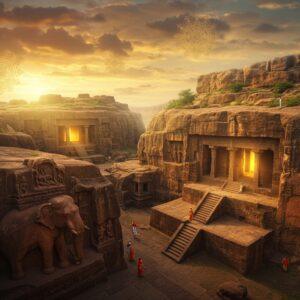 A majestic aerial view of ancient Udayagiri and Khandagiri twin hills during golden sunset, featuring intricately carved cave entrances with ornate Jain architectural details. The foreground shows a detailed stone carved elephant procession in Madhubani art style. The caves emit a mysterious golden glow, with soft light filtering through the entrance. The scene includes small human figures in traditional Indian attire exploring the caves, providing scale. Floating mandala patterns in deep saffron and peacock blue integrate with wispy clouds. The landscape features ancient stone steps winding up the hills, decorated with traditional Pattachitra-style botanical motifs. Rich textures of weathered rock faces blend with lush green vegetation. Ethereal beams of light pierce through the clouds, illuminating the historical site. The color palette focuses on warm sandstone browns, deep maroons, and golden hues, with hints of emerald green vegetation. Photorealistic style with subtle mystical elements, 8k resolution, cinematic lighting, architectural accuracy, detailed textures.