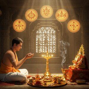 A serene indoor temple setting with a young Indian priest performing ritualistic worship, his hands positioned in precise mudras, wearing traditional white dhoti and angavastram with sacred thread. In the foreground, an ornate golden altar with a beautifully arranged puja thali containing traditional elements - kumkum, flowers, ghee lamp, incense, and other ritual items arranged in proper order. The background features intricately carved temple pillars with Madhubani-style patterns in deep maroon and peacock blue. Floating above are six ethereal, glowing circles representing the six angas, each containing relevant symbolic elements rendered in gold and saffron. Soft light streams through temple windows, creating divine light beams. Smoke from incense creates mystical swirls in the air, illuminated by the golden light. The scene is detailed in a modern digital art style while maintaining traditional Indian art elements, with rich textures and a warm color palette dominated by gold, saffron, and deep burgundy. Photo-realistic rendering with subtle surreal elements and ambient spiritual atmosphere.