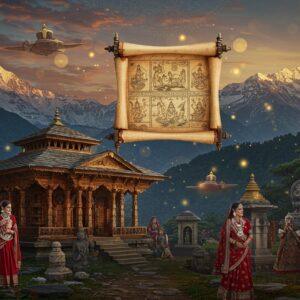 A majestic panoramic view of ancient Himachal, featuring snow-capped Himalayan peaks in the background with intricate Madhubani-style patterns in the sky. In the foreground, a detailed representation of a traditional Himachali wooden temple with intricate carved pillars and slate roof, illuminated by warm golden light. A mystical floating scroll made of aged parchment unfurls in the center, adorned with miniature paintings in Pahari art style. Beautiful Himachali women in traditional Kullu shawls and silver jewelry stand near ancient stone sculptures and Buddhist prayer wheels. The scene includes symbolic elements like local deodhar trees, apple orchards, and prayer flags fluttering in the wind. The color palette combines deep maroons, mountain blues, earthy browns, and touches of gold. The entire composition is framed by detailed borders inspired by Kinnauri weaving patterns. Soft glowing orbs of light float through the scene, creating an ethereal, timeless atmosphere. The art style merges hyperrealistic digital rendering with traditional Indian art motifs, creating a surreal yet culturally authentic visualization.