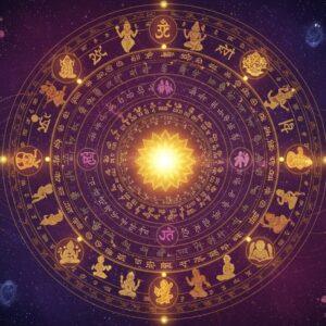 A mesmerizing circular composition showing the eternal cycle of life, death, and rebirth through multiple concentric rings. In the center, a luminous golden lotus emerges from cosmic waters. The inner ring depicts an Indian soul's journey through different forms - from a newborn baby to youth, adult, elderly, and finally merging with light. The middle ring shows the karmic wheel with intricate Madhubani-style motifs in deep maroon and peacock blue, depicting various life actions and their consequences. The outer ring features six realms of existence in Hindu philosophy, rendered in a modern digital art style with gradient effects. The entire scene is encompassed by a large, ethereal mandala with Sanskrit symbols glowing in soft gold. Floating crystal-like sacred geometry patterns appear throughout. The background transitions from deep cosmic purples to spiritual golden light. Small particles of light and flowing energy streams connect all elements. The art style combines traditional Indian Pattachitra patterns with contemporary digital art techniques, creating a seamless blend of ancient wisdom and modern aesthetics. The lighting creates a divine, otherworldly atmosphere with soft glows and light rays.