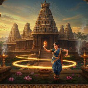A majestic panoramic view of ancient Tamilakam, featuring a grand Chola-era temple with intricate gopuram architecture in the background, adorned with detailed stone carvings and gold-plated vimana. In the foreground, a sophisticated Tamil woman in rich silk saree (deep blue and gold) performs Bharatanatyam, her movements creating ethereal trails of light. The scene includes traditional Tamil symbols - the Sangam-era fish emblem, temple bells, and dancing peacocks. The landscape shows flourishing trade ports with ancient ships carrying spices and textiles. A mystical golden light bathes the scene, while mandala patterns and Tamil-style border art frame the composition. Delicate lotus flowers float in temple ponds, while musicians play traditional instruments like yazh and mridangam. The art style combines hyperrealistic digital rendering with traditional Tamil temple art patterns, featuring a rich color palette of deep blues, burgundy, gold, and earthy terracotta. The atmosphere conveys both historical grandeur and timeless spirituality, with subtle smoke trails from temple lamps adding depth and mysticism.