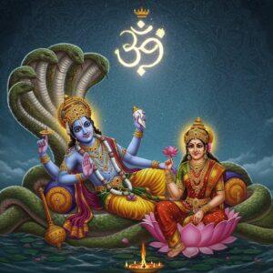 A serene digital illustration showing Lord Vishnu reclining on the cosmic serpent Shesha in the celestial ocean of milk, rendered in a fusion of traditional Pattachitra and modern digital art. Vishnu has four arms holding his iconic symbols - the Sudarshana Chakra (top right), the conch shell Panchajanya (top left), the mace Kaumodaki (bottom right), and a lotus flower (bottom left). His skin is deep blue, wearing a golden pitambara and rich jewelry. Goddess Lakshmi sits at his feet, dressed in a red silk saree with gold border. Above them floats an intricate Vaishnava tilak symbol made of gleaming light. The background features a massive mandala pattern in peacock blues and gold, with small vignettes showing key Vishnu avatars - Krishna, Rama, and Narasimha - arranged in floating lotus pods. Soft ethereal lights illuminate the scene, creating a mystical atmosphere. The composition includes subtle modern elements like sacred geometry patterns and digital light effects while maintaining traditional iconography. The art style combines hyperrealistic details with surreal elements and rich, deep colors.