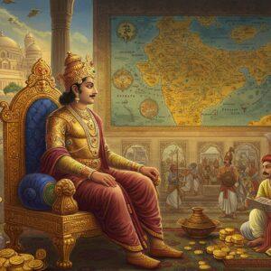 A majestic scene depicting Chandragupta I in profile view, wearing an ornate golden crown adorned with precious gems and peacock feathers, seated on an intricately carved golden throne. His attire includes a rich maroon dhoti with gold embroidery and royal accessories. Behind him, a large detailed map of the Gupta Empire rendered in Madhubani style with gold leaf highlights. The backdrop features a massive stone palace with distinctive Gupta architecture, showing curved roofs and pillared halls. To his right, scholars holding palm leaf manuscripts, to his left, soldiers with curved swords and shields bearing the Garuda emblem. The foreground shows artisans crafting delicate gold coins bearing his royal seal. The scene is illuminated by warm golden light streaming through ornate palace windows, creating dramatic shadows. Floating lotus motifs and swirling patterns in deep peacock blue and saffron frame the composition. The art style combines hyperrealistic details with traditional Indian miniature painting techniques, featuring rich jewel tones and metallic accents. The overall atmosphere suggests power, prosperity, and cultural renaissance of the Golden Age.