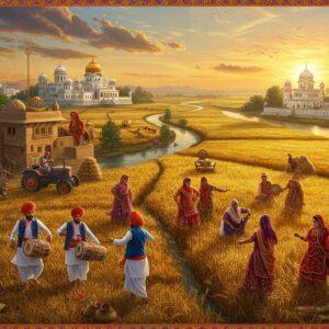 A majestic aerial view of the golden wheat fields of Malwa during sunset, with traditional Punjabi architecture seamlessly blending into modern structures. In the foreground, a group of Punjabi farmers in traditional kurta-pajamas and turbans (in vibrant blues and whites) perform the energetic Bhangra dance. Ancient mud-brick havelis with intricate wooden jharokhas stand alongside modern buildings. The scene is adorned with elements of Malwa culture - spinning charkhas, colorful phulkari textiles draped artistically, and traditional brass utensils. A flowing river winds through the landscape, its banks dotted with historical Gurudwaras featuring golden domes. The sky features a dreamy blend of saffron and deep blue, with subtle mandala patterns formed by clouds. The art style combines hyperrealistic digital art with traditional Phulkari patterns in the borders. Rich, warm lighting emphasizes the golden wheat fields and architectural details. Several women in traditional Punjabi suits with detailed phulkari dupattas work in the fields, creating a harmonious blend of tradition and daily life. The composition includes subtle motifs of Punjab's agricultural heritage - tractors with decorated wheels, traditional water wells, and farming tools arranged in artistic patterns.