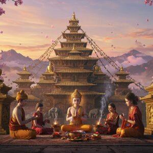 A majestic ancient Indian palace complex with distinctive Nepali-Buddhist architecture, set against the backdrop of the Himalayan mountains at sunset. In the foreground, a noble Shakyan family in rich royal attire (deep blues and saffrons) performs a ceremonial ritual. The central figure resembles young Prince Siddhartha, wearing royal garments and jewelry, surrounded by lotus flowers and burning incense. The scene features intricate Madhubani-style patterns in gold depicting the Bodhi tree, deer, and Buddhist symbols. Soft, ethereal light illuminates the palace's golden spires and prayer flags. Multiple layers of architectural details showcase the prosperity of Kapilavastu, with detailed carvings of elephants, horses, and royal emblems. The sky features mystical clouds in pastel pinks and purples, with floating cherry blossoms. The entire scene is rendered in a harmonious blend of traditional Indian art and modern digital aesthetics, with rich textures and a dreamy, spiritual atmosphere. Highly detailed, cinematic lighting, photorealistic rendering with magical elements.